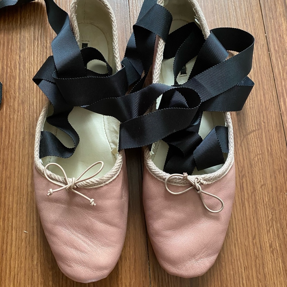 Zara Leather & Ribbon Ballet Flats